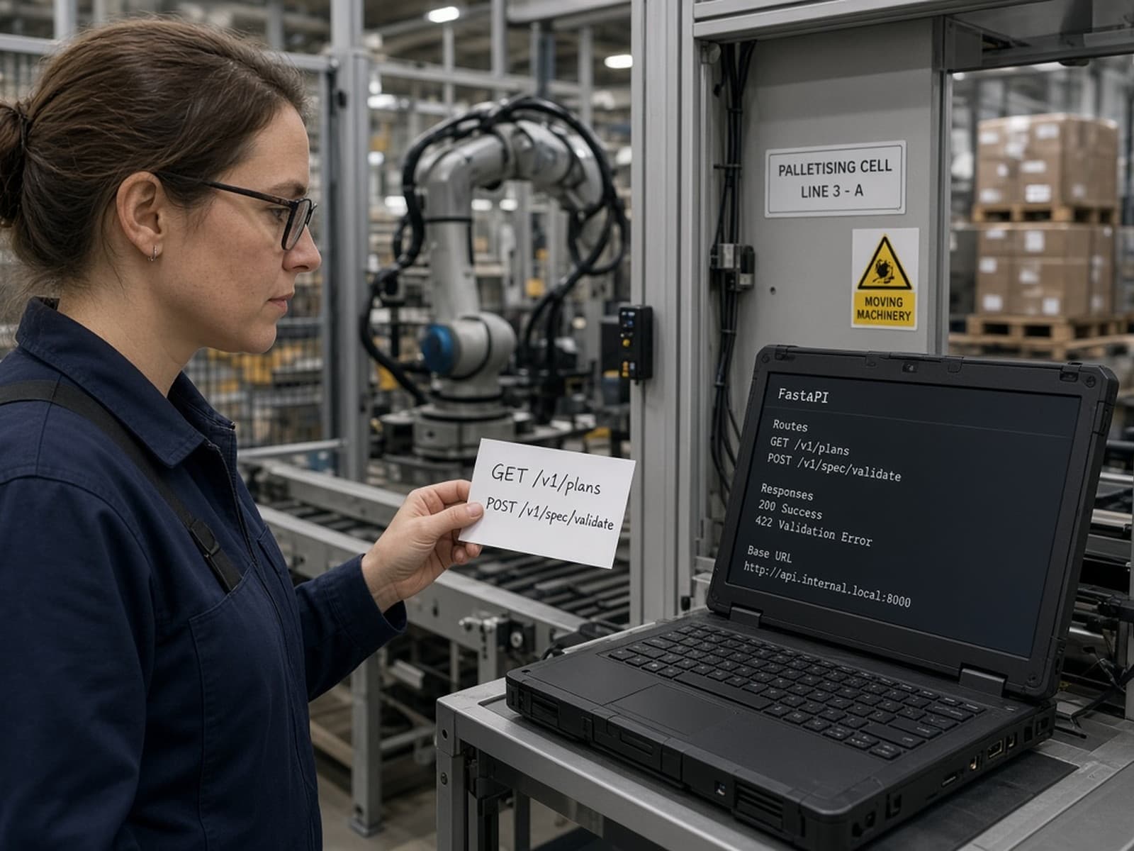 Engineer reading FastAPI route notes beside a palletising cell.