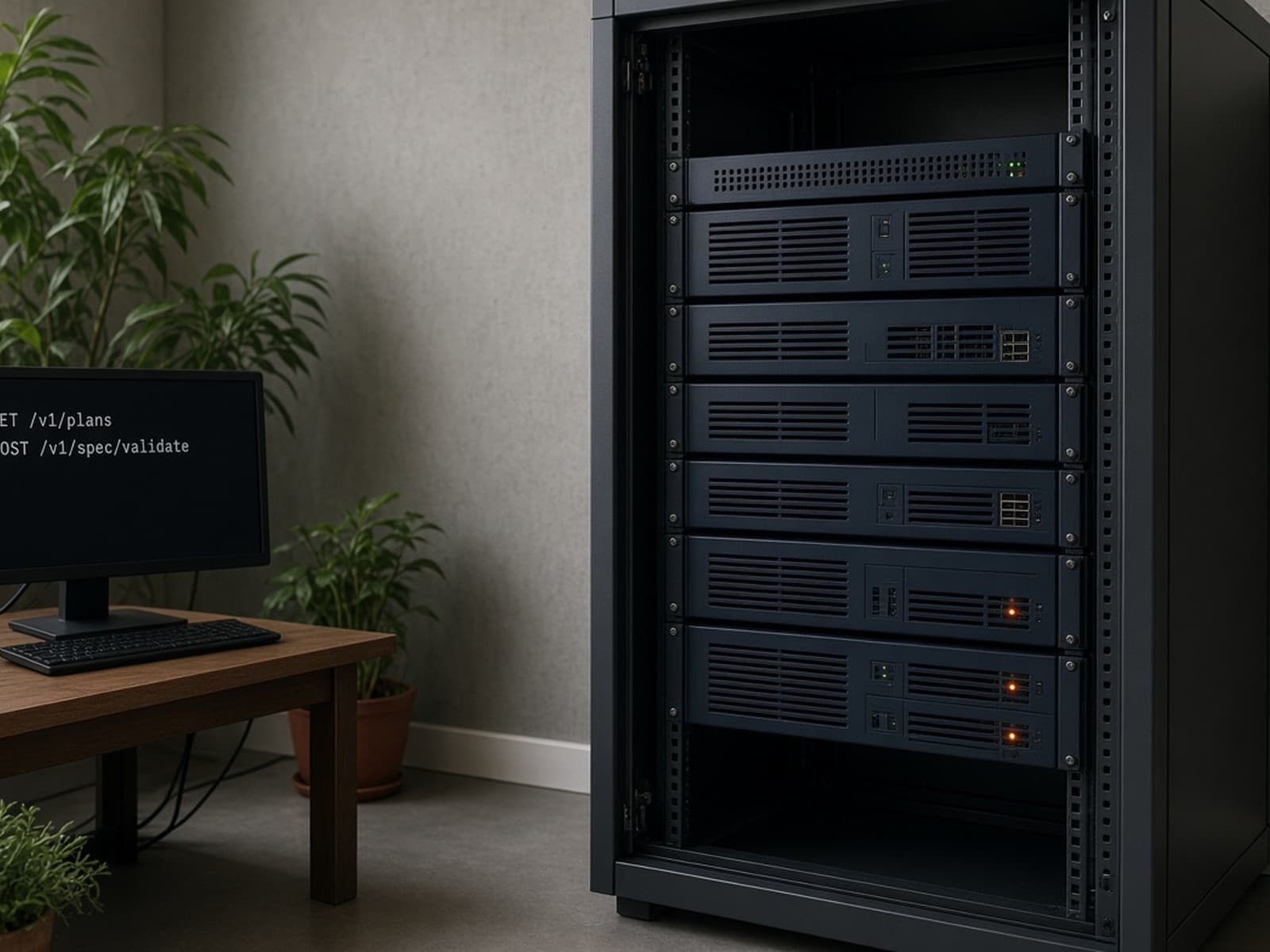Small server rack beside a terminal showing GET /v1/plans and POST /v1/spec/validate.