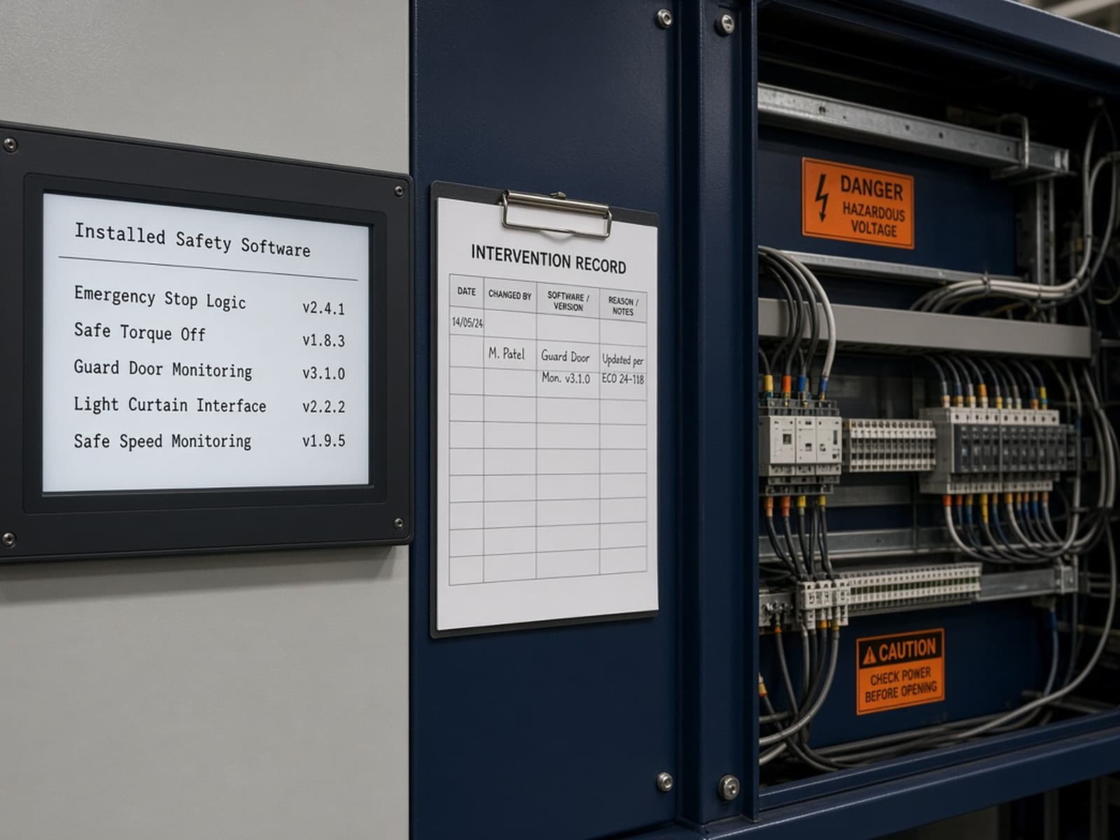 HMI and paper intervention record showing which safety software is installed and who last changed it.