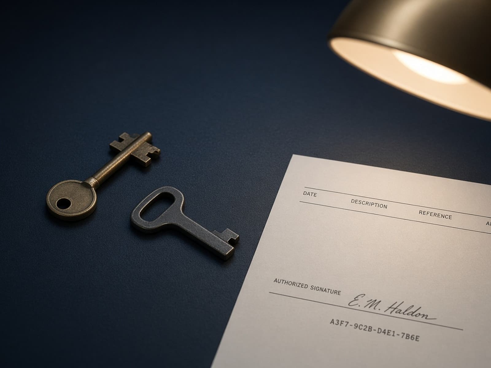 Two different keys beside a signed ledger-head print bearing a hash.