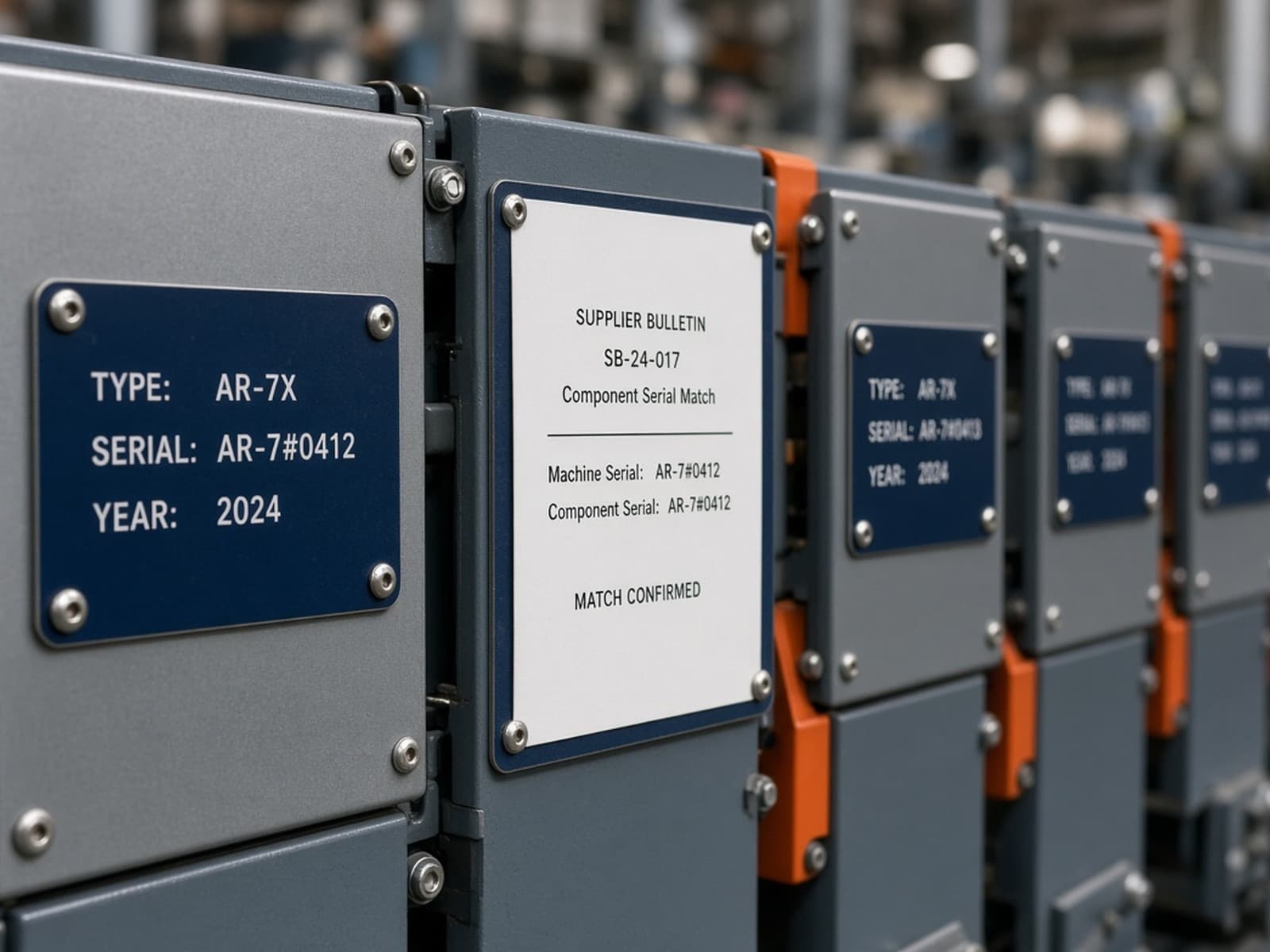 Row of machine serial plates with a supplier bulletin matched to a single serial identity.