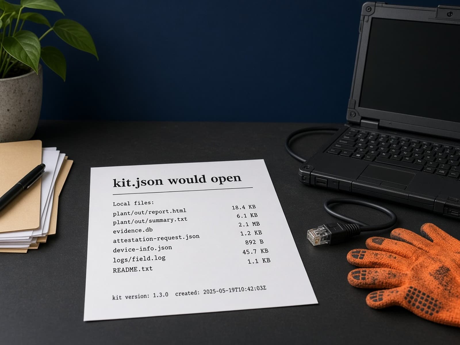 Printed kit file list beside a rugged laptop with its Ethernet cable unplugged.