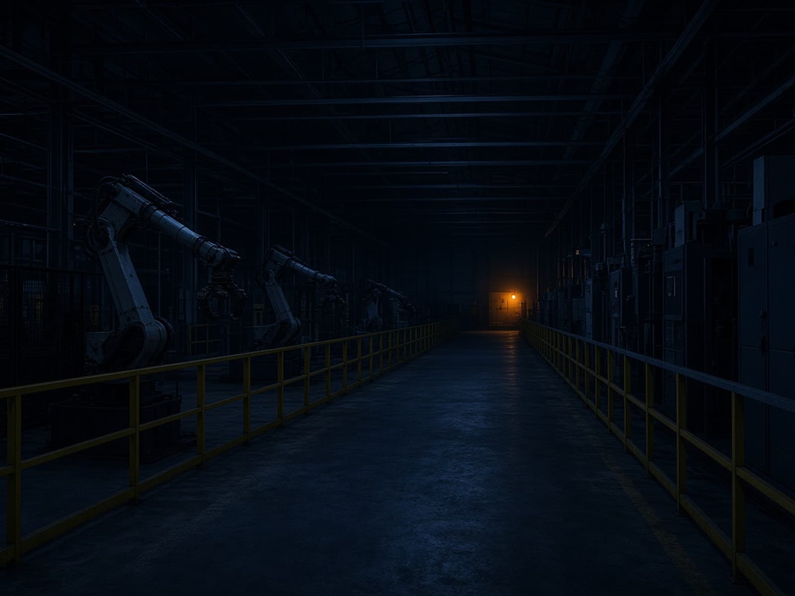 Empty night factory aisle with a single panel lamp glowing on a distant cabinet.