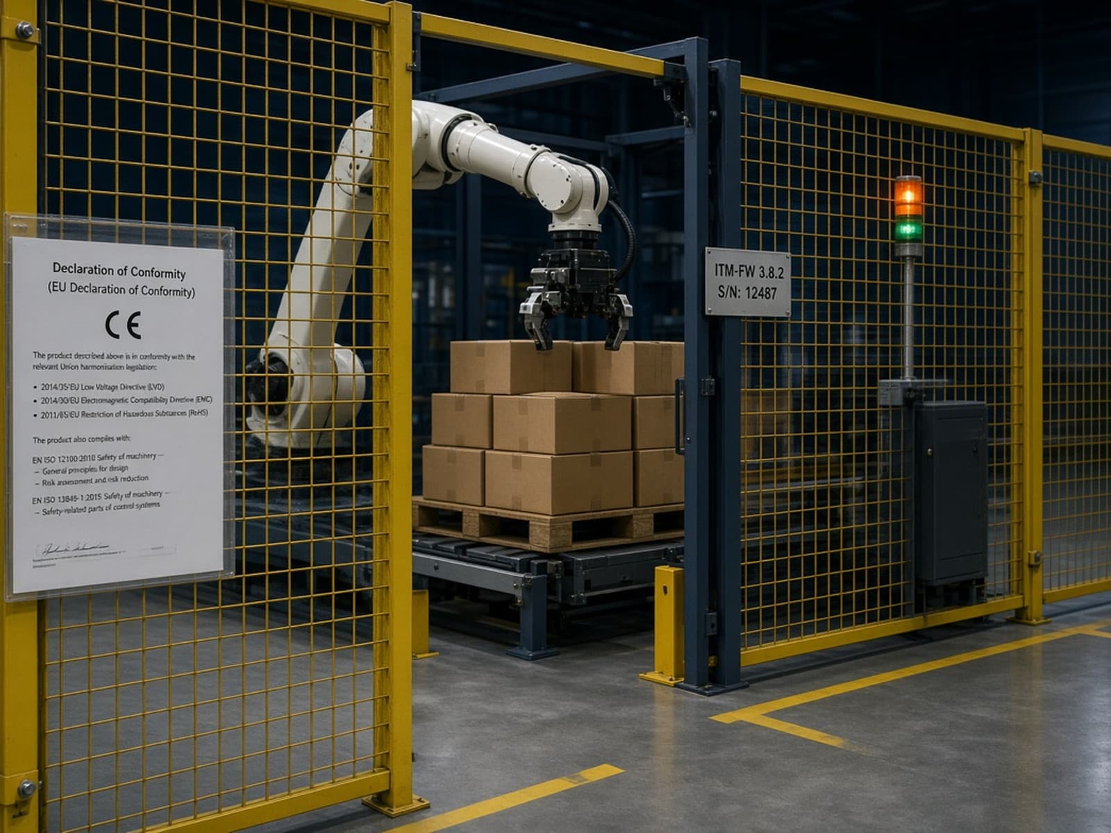 Palletising cell with a Declaration of Conformity on the fence and a firmware configuration plate.
