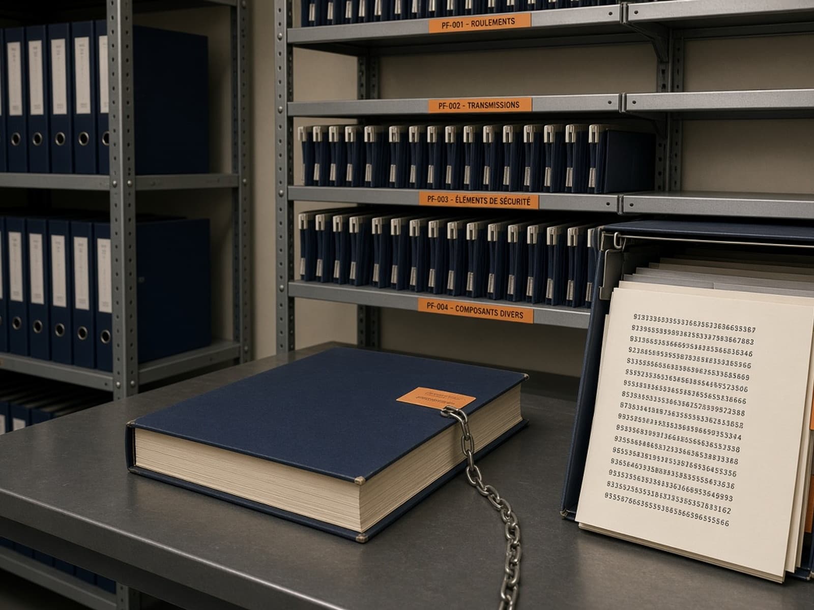 Manufacturer archive room with product-family folders and a bound hash-chained register.