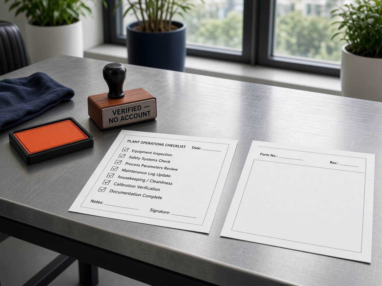Clean bench with a free verification stamp and paper checklist, no account portal.