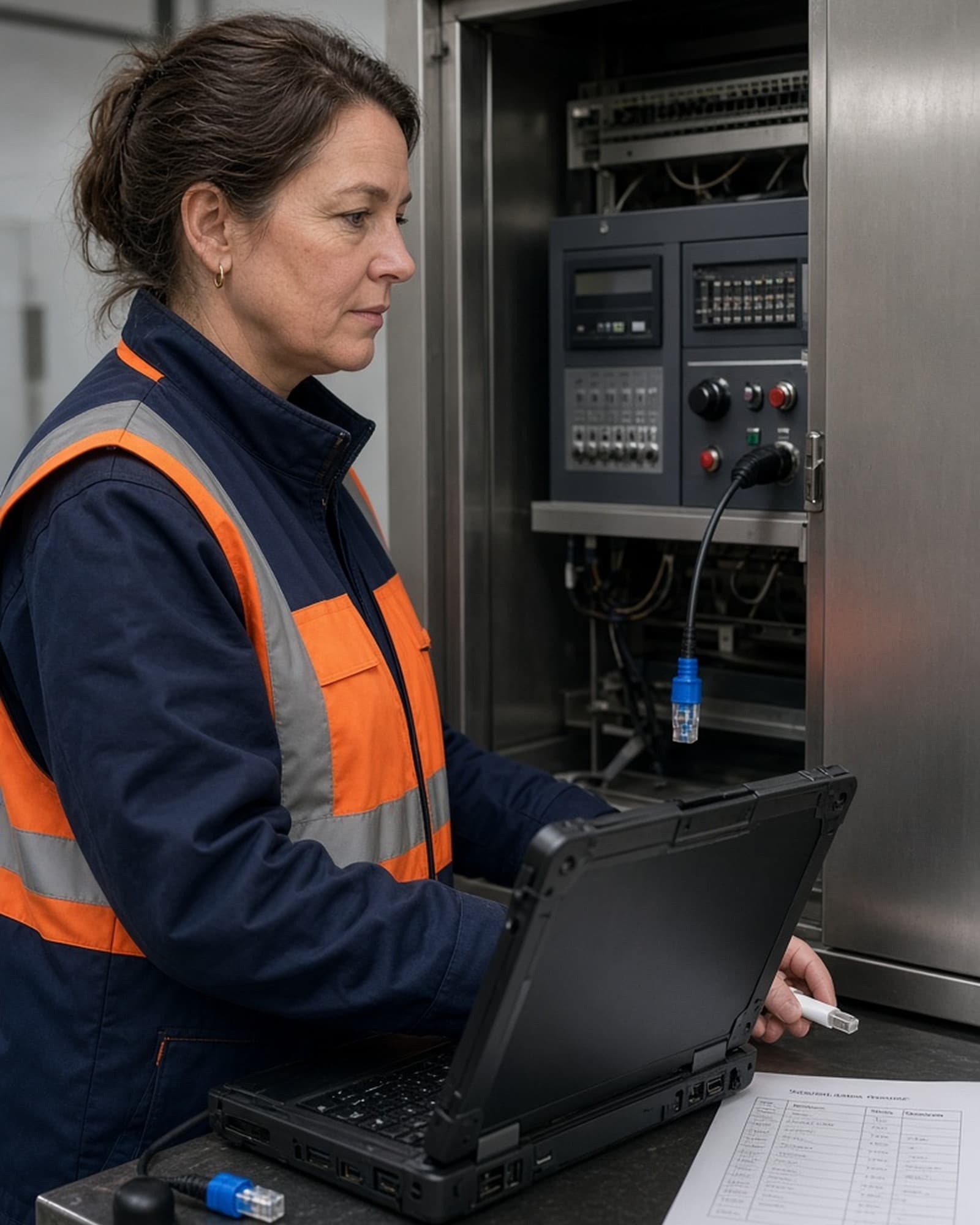 Vertical portrait of a plant engineer with an offline rugged laptop and capped Ethernet at a control cabinet.