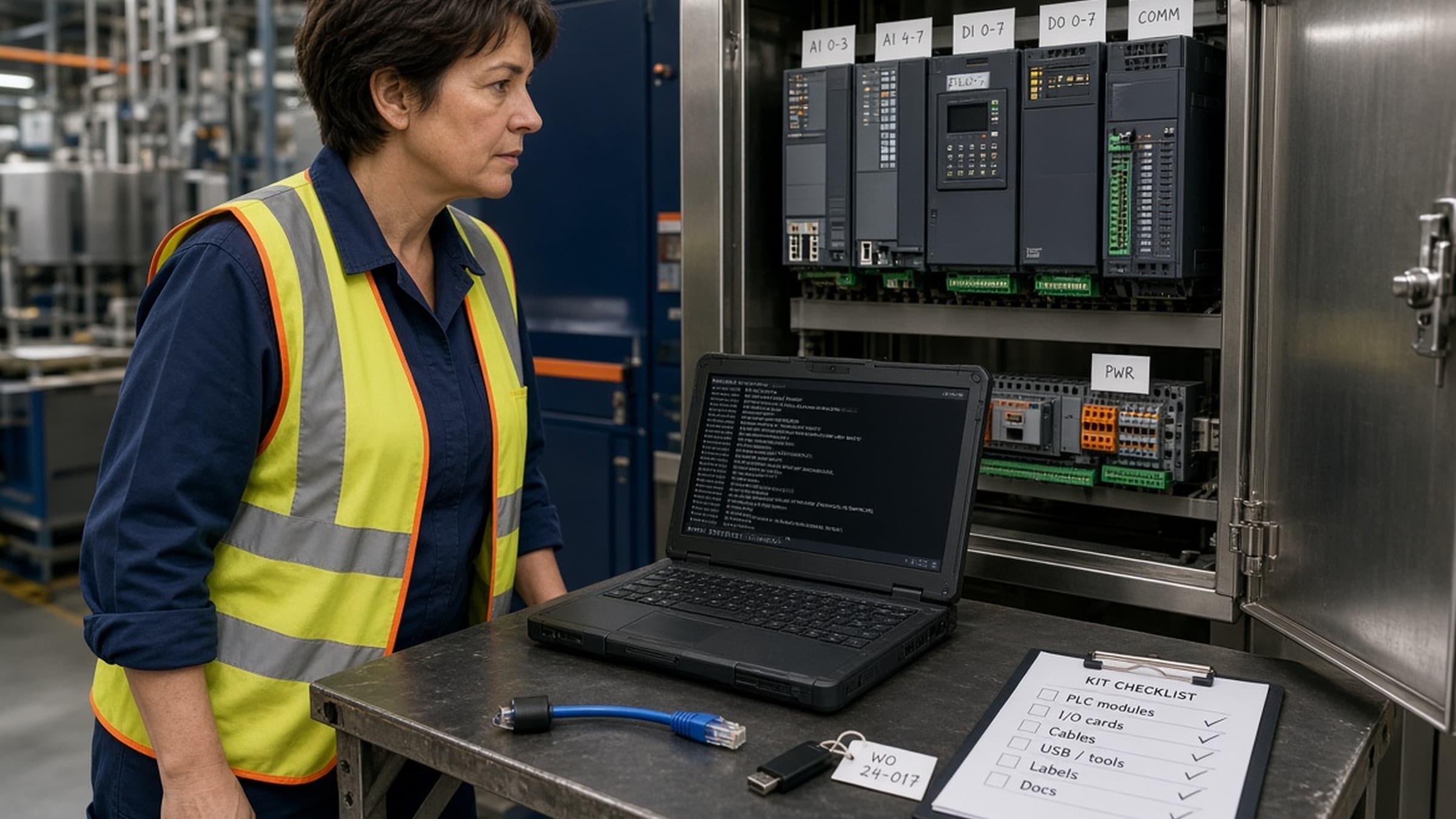 Plant engineer running an air-gapped enrolment kit at an open control cabinet with the network unplugged.