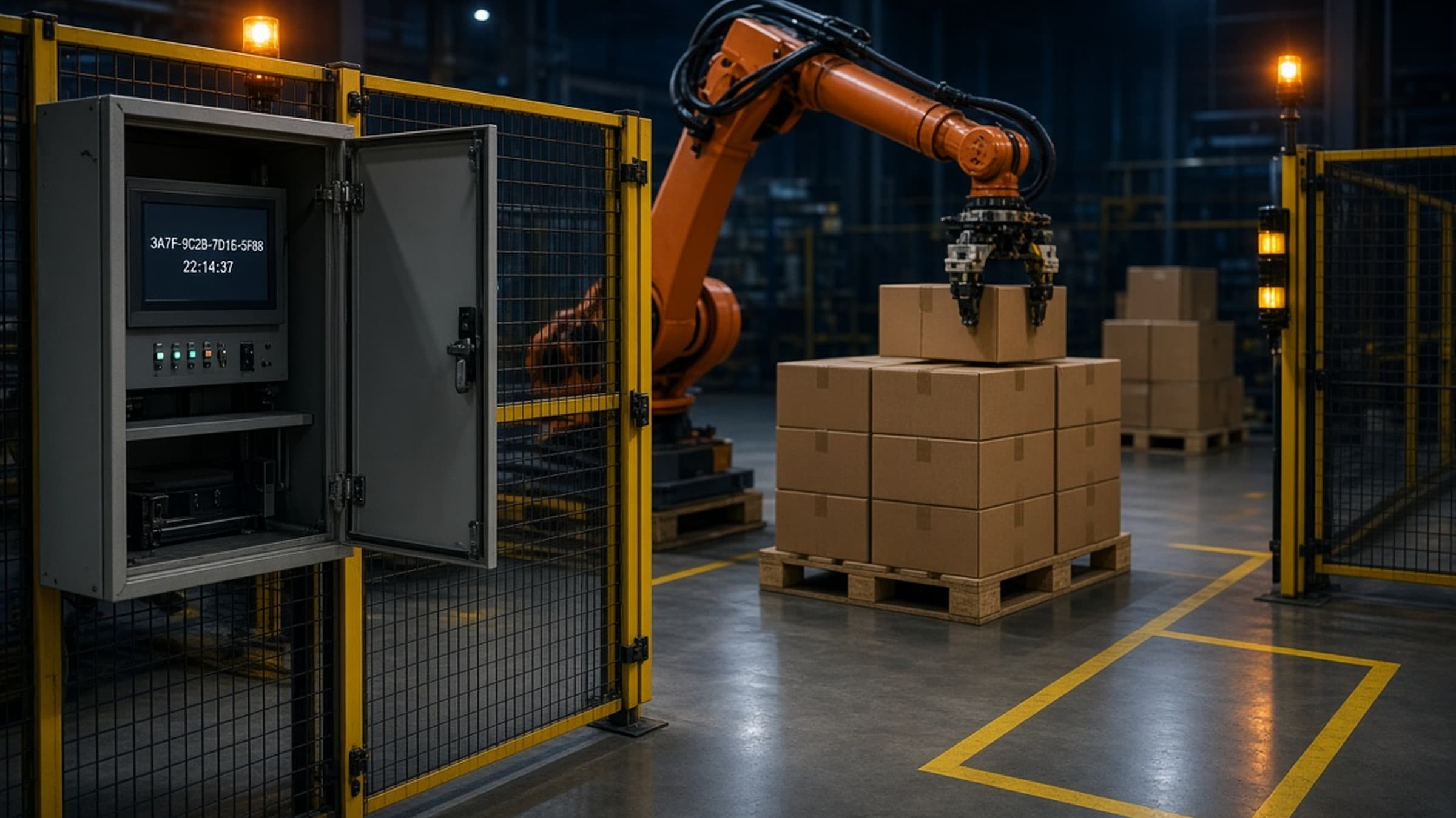 Night-shift palletising robot cell behind a safety fence with a cabinet display showing a configuration hash and timestamp.