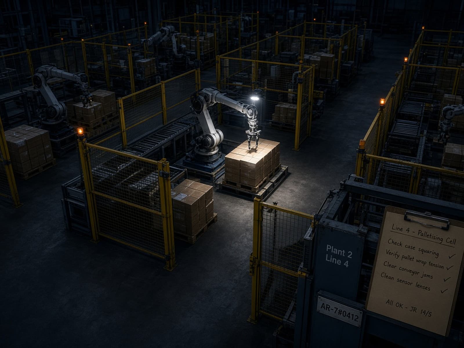Overhead of palletising lines with one cell lit and an advisory matched to serial AR-7#0412 on Plant 2 Line 4.
