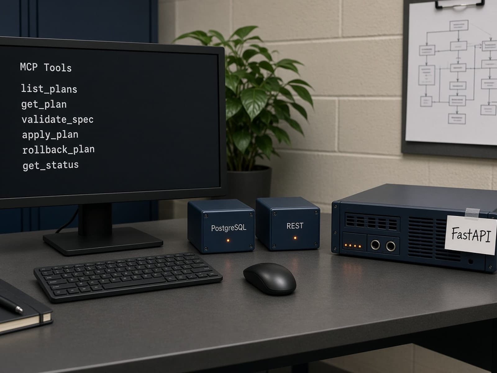 Ops desk with an MCP tool list, PostgreSQL and REST gateways, and a small FastAPI server.