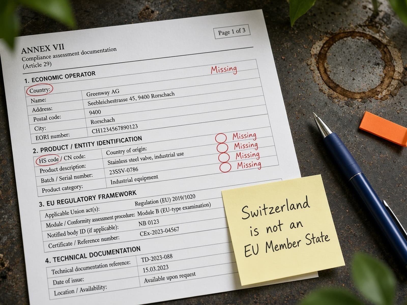 Marked-up Article 14 draft on a bench noting missing fields and that Switzerland is not an EU Member State.