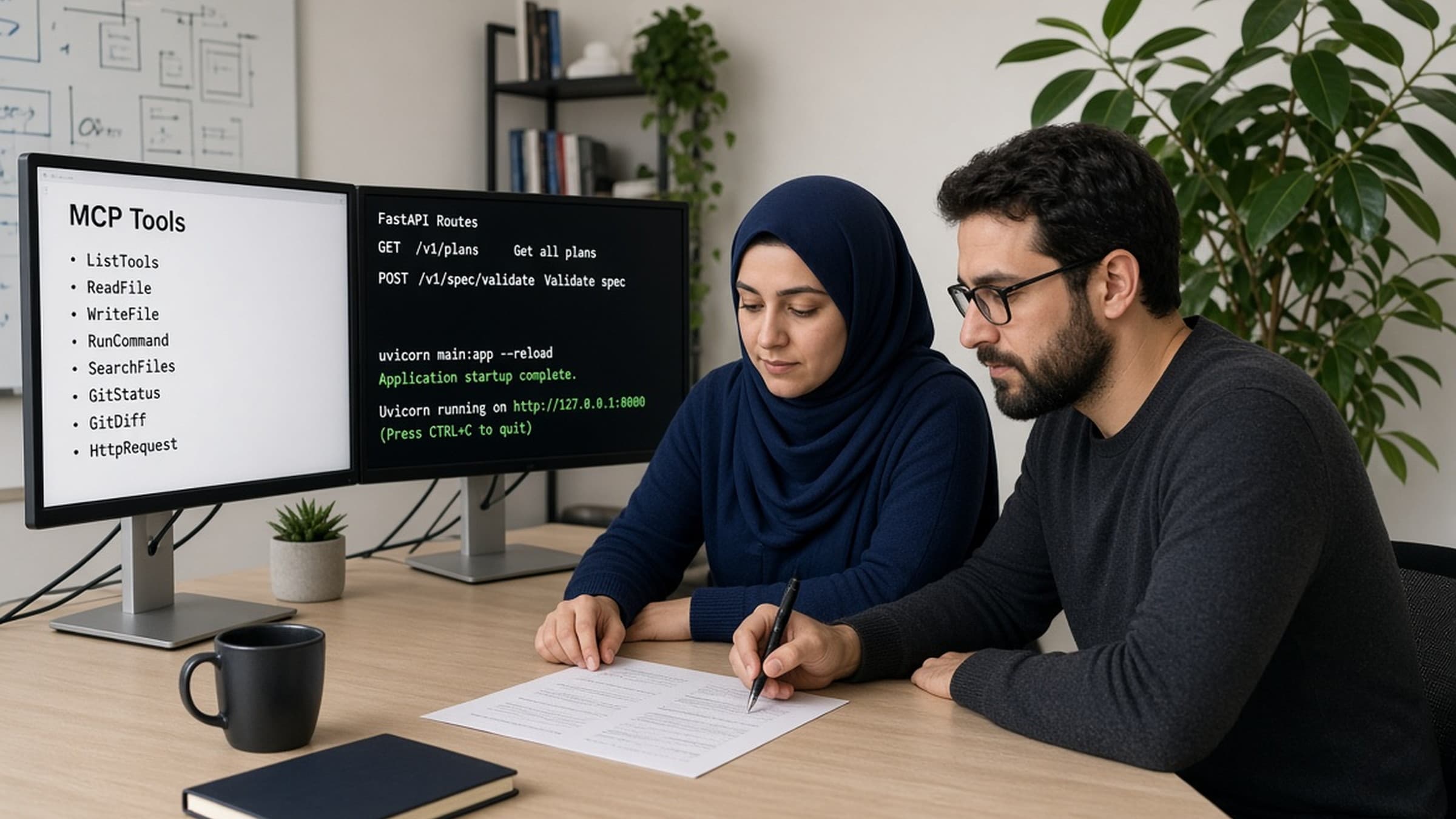 Two engineers reviewing MCP tools and FastAPI routes GET /v1/plans and POST /v1/spec/validate.