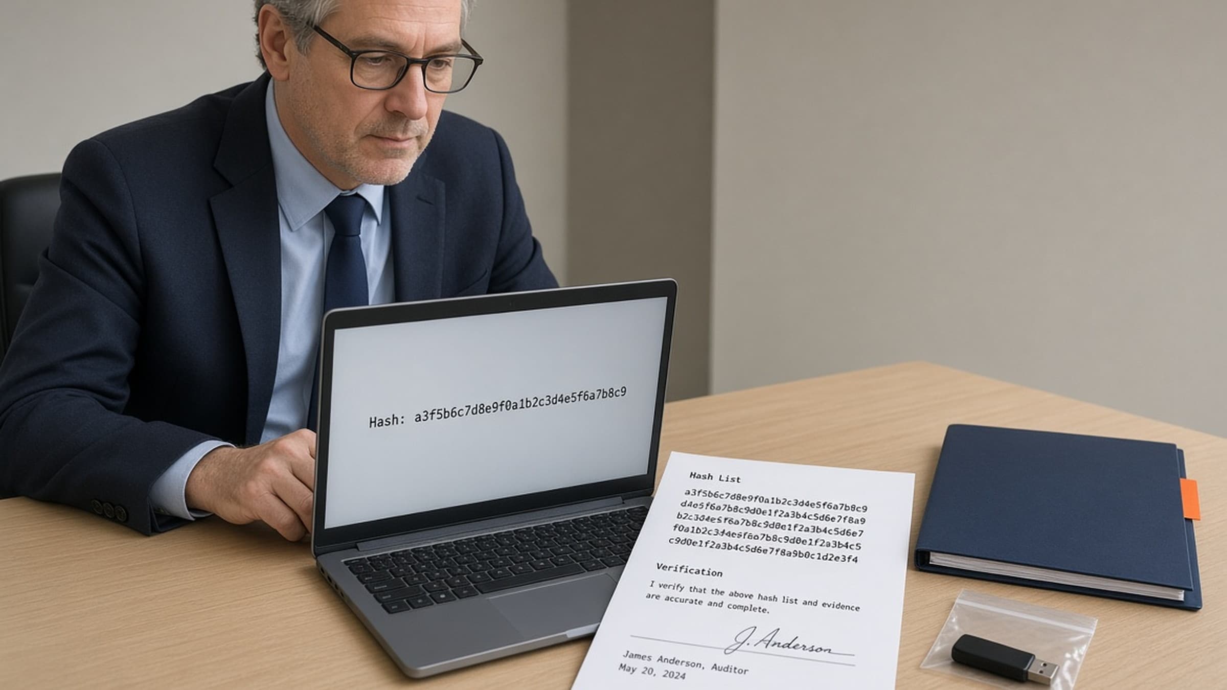 Independent auditor checking a printed hash list and USB evidence bundle on a personal laptop.