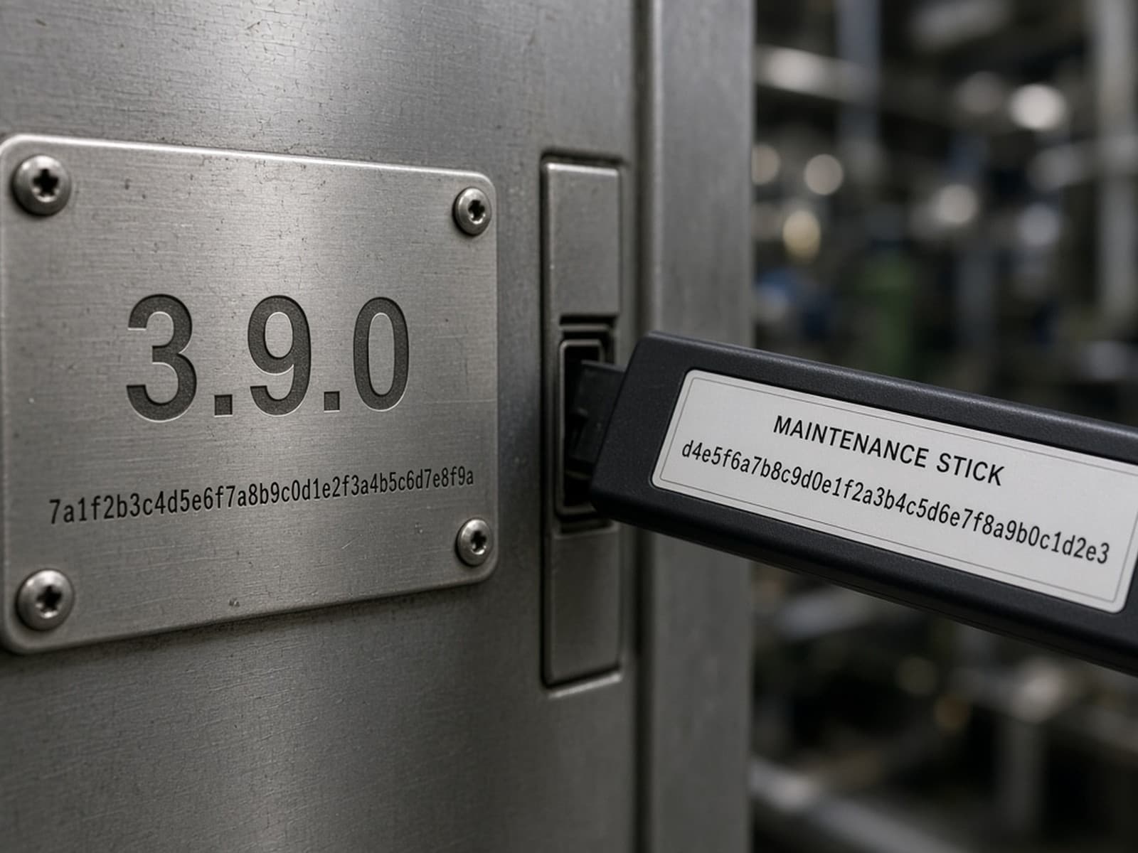 Machine nameplate version 3.9.0 next to a maintenance stick whose hash does not match.