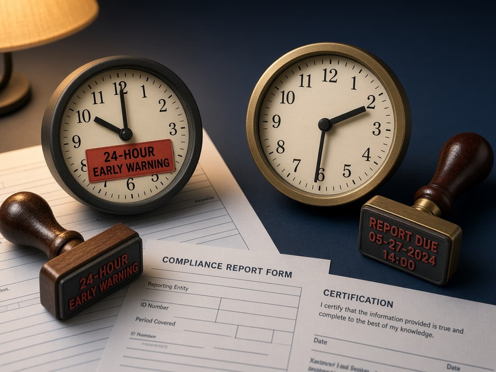 Two clocks and rubber stamps marking a 24-hour early warning and a later report deadline.