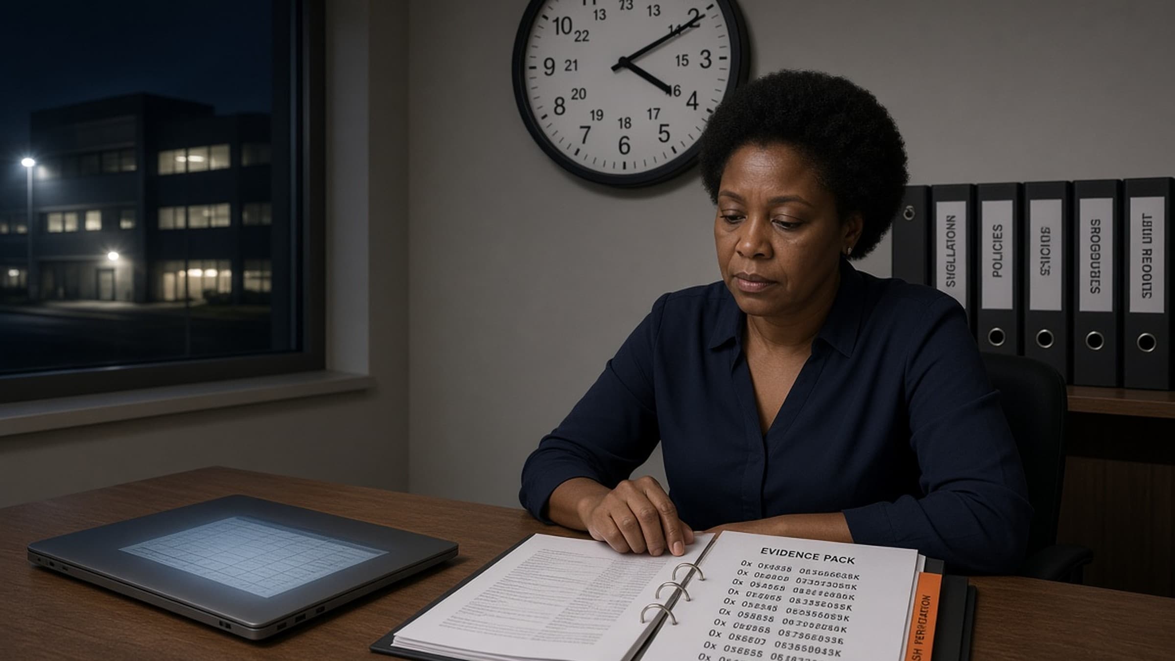 Compliance officer reviewing a hash evidence pack at night with a 24-hour clock and a closed spreadsheet.