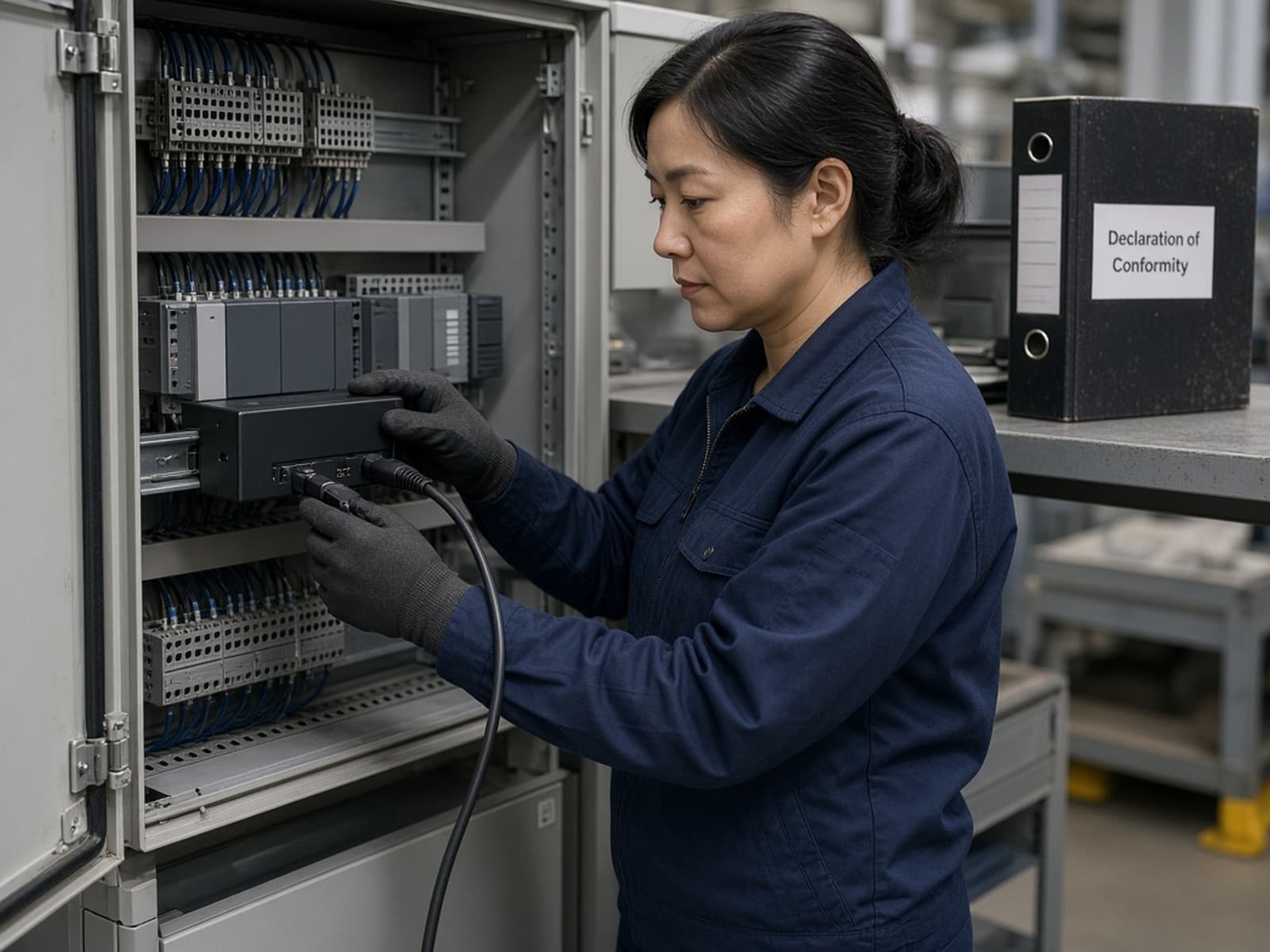 Engineer updating a safety controller while the Declaration of Conformity binder stays closed on a shelf.