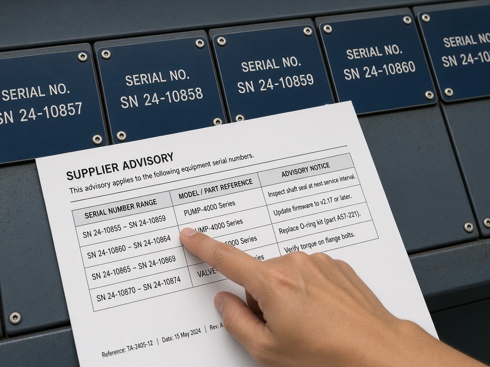 A single supplier advisory held against a row of engraved machine serial plates.