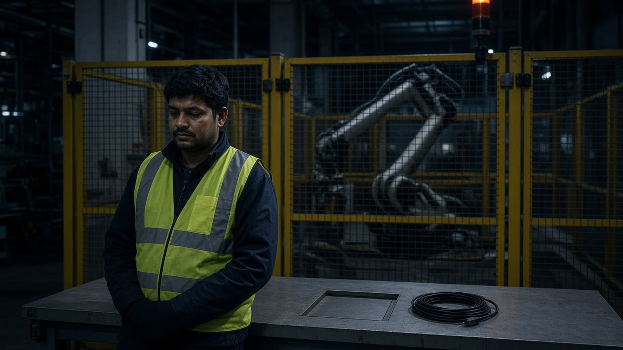 Night-shift operator at a palletising cell after remote service has left, with only a coiled cable on the bench.