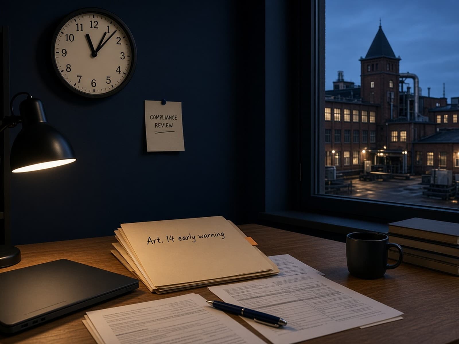 Compliance desk with a 24-hour clock and an Article 14 early-warning dossier overlooking a European plant.