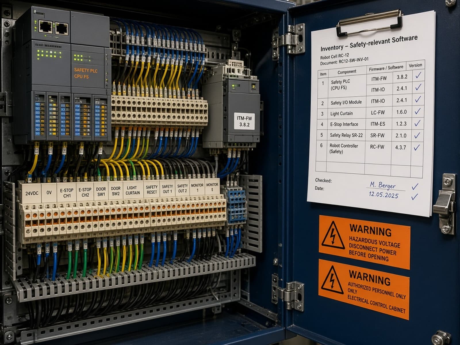 Open safety cabinet with labelled firmware and a printed inventory of safety-relevant software.